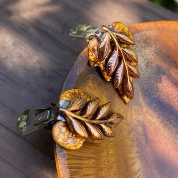 VTG MATISSE RENOIR Copper “Laurel” Leaf Enamel EARRING - Picture 2 of 6
